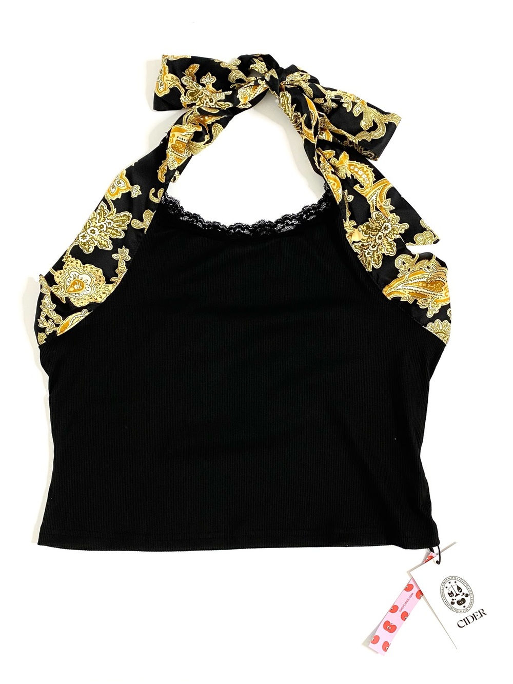 ✨NWT✨Cider | Black/Gold Ribbed Lace-Trim Brocade Scarf-Style Halter Top Sz XL